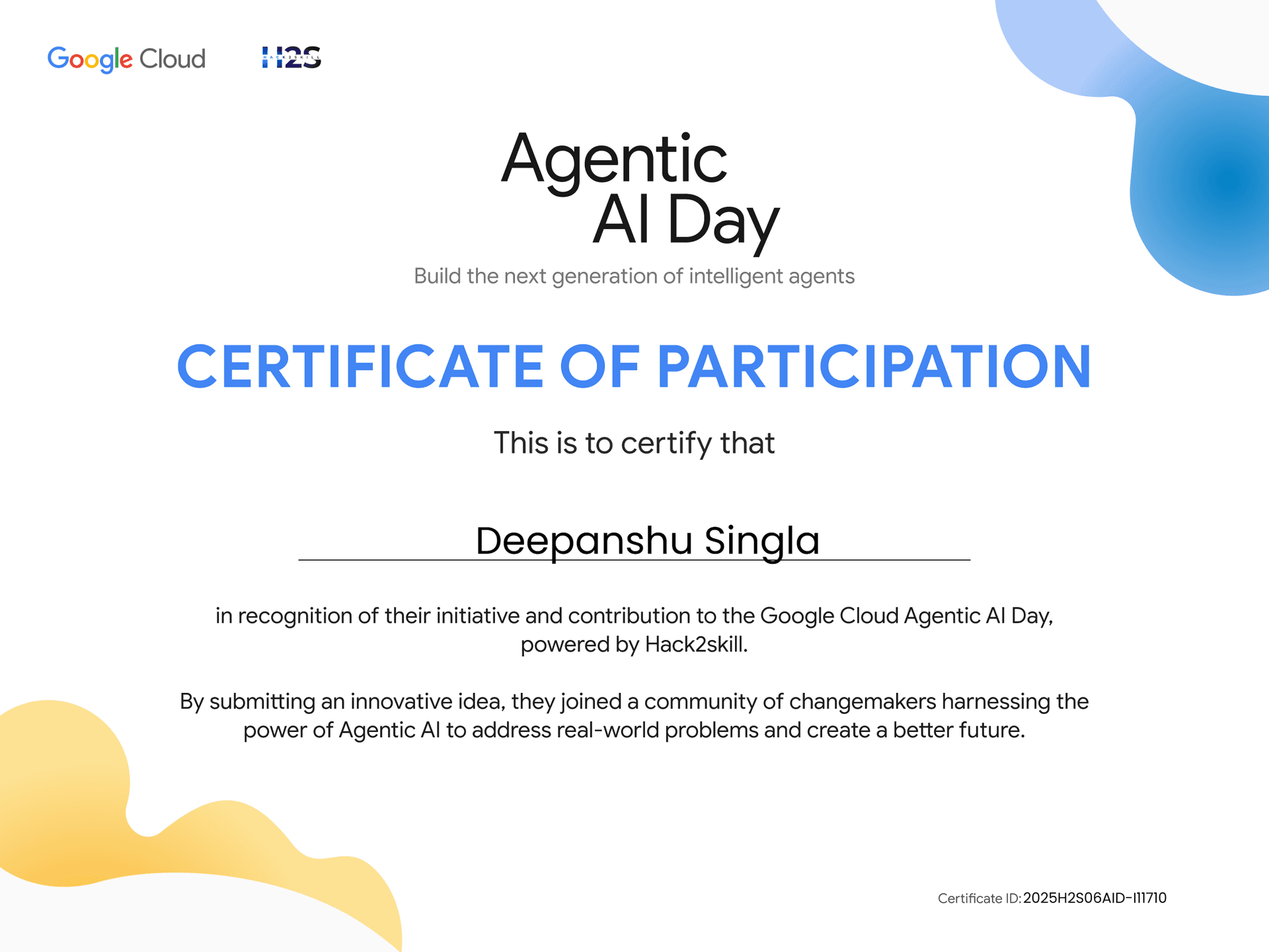 Hack2skill Hackathon hackathon certificate