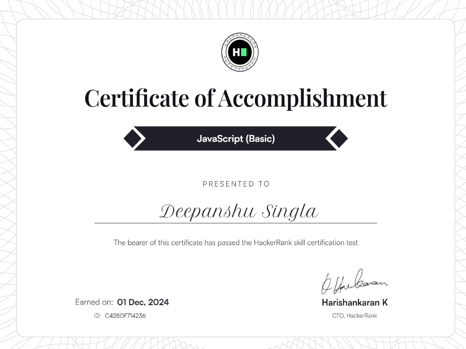 HackerRank - JavaScript (Basic) certificate